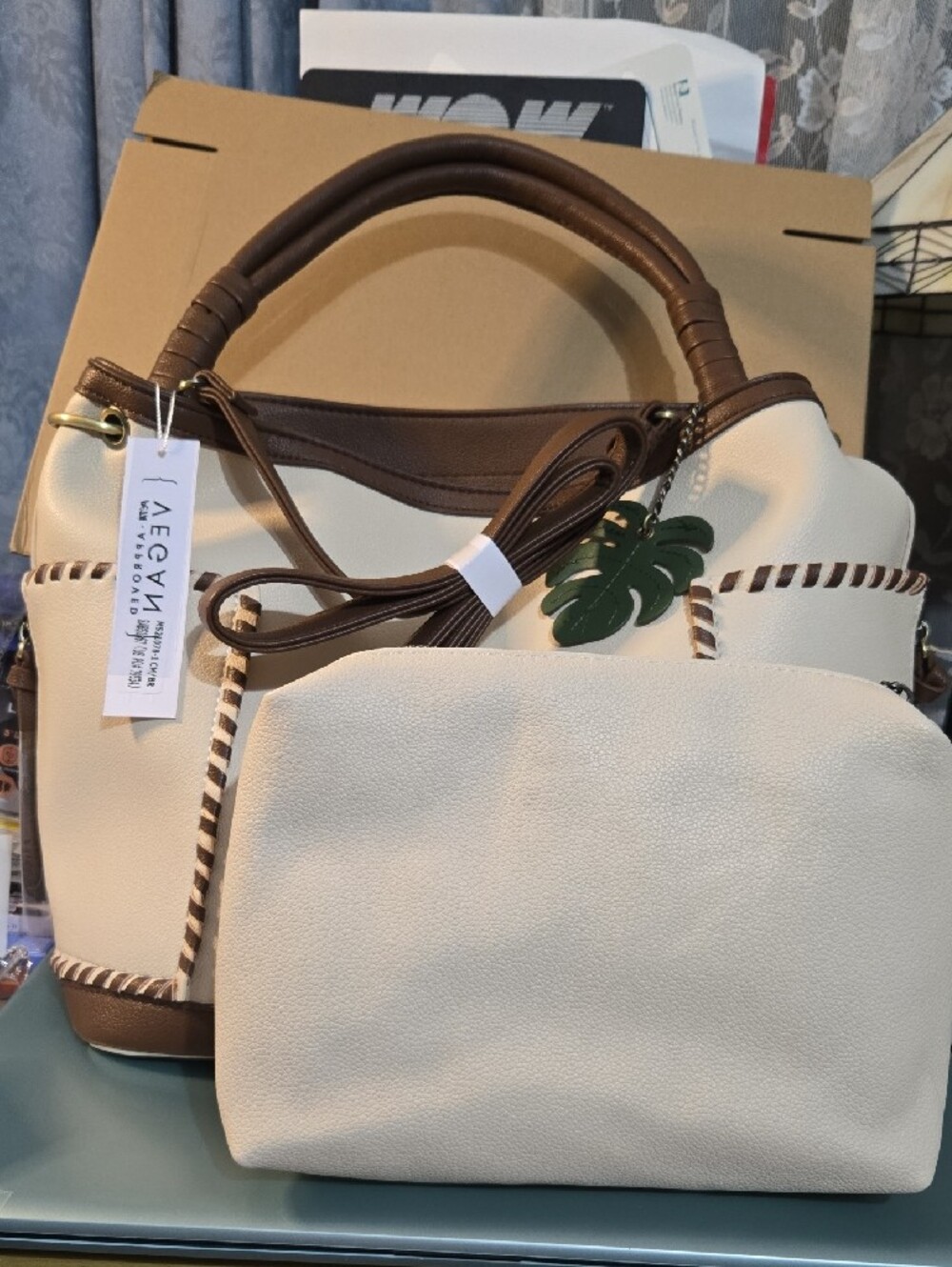 Malibu Skye Cream Hobo Bag with Green Leaf Charm and Cosmetic Pouch - Picture 3 of 6